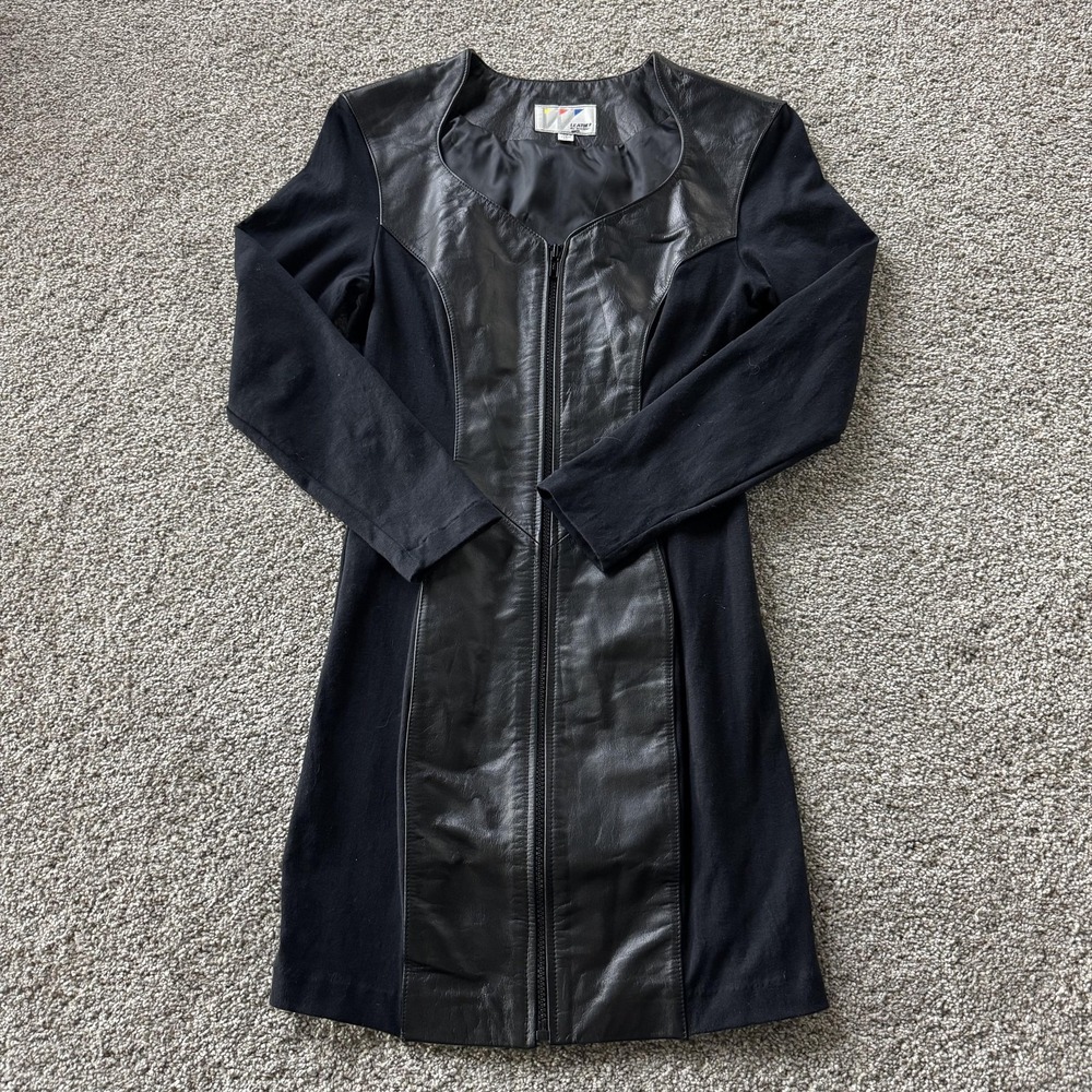 Vintage Wilsons Leather Dress Womens Medium Black Leather Knit Panel Zip Midi
